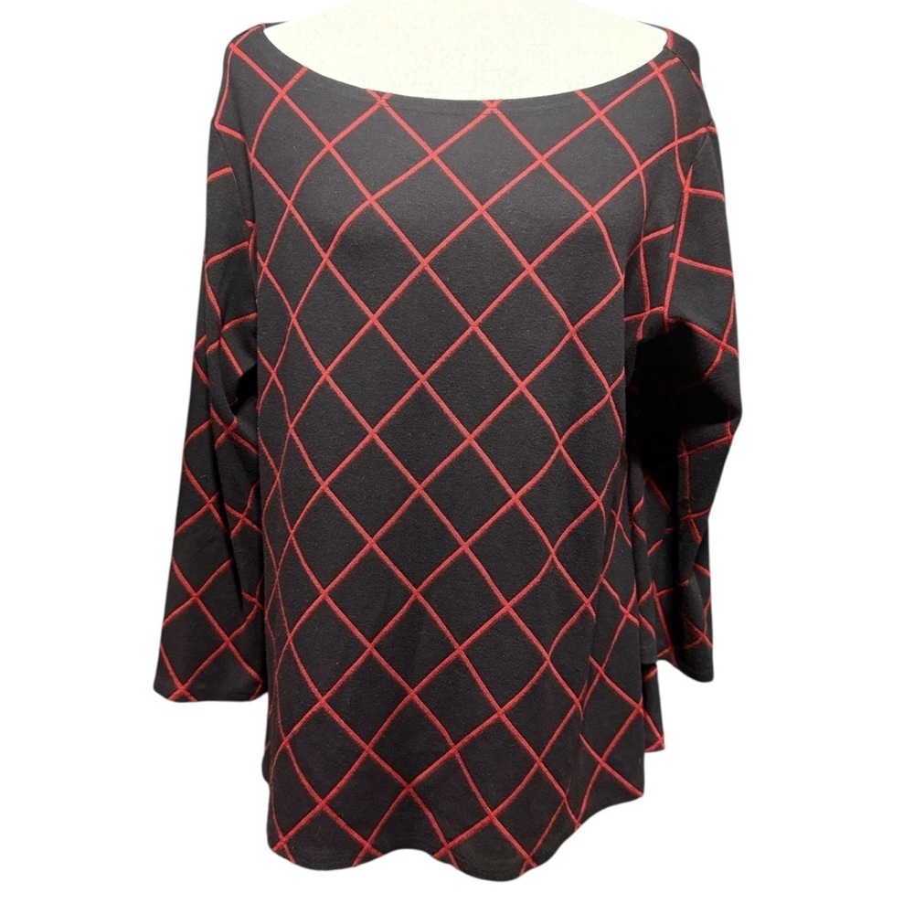 Cut Loose Diamond A-line Boatneck Top Size L Black Red Holiday Plaid 6816552